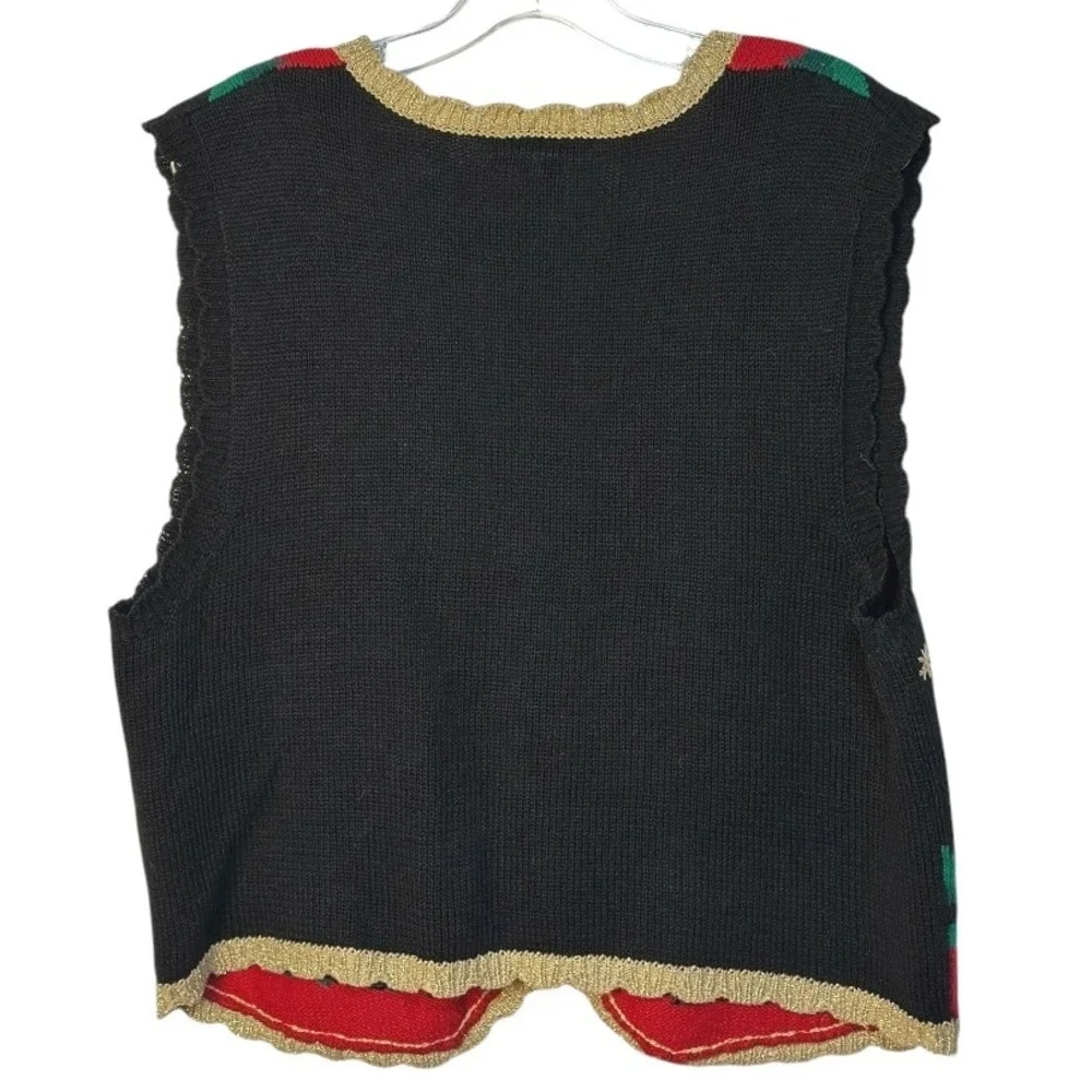 Norton McNaughton Vintage Christmas Holiday Vest Gold Trim Black Festive Party L